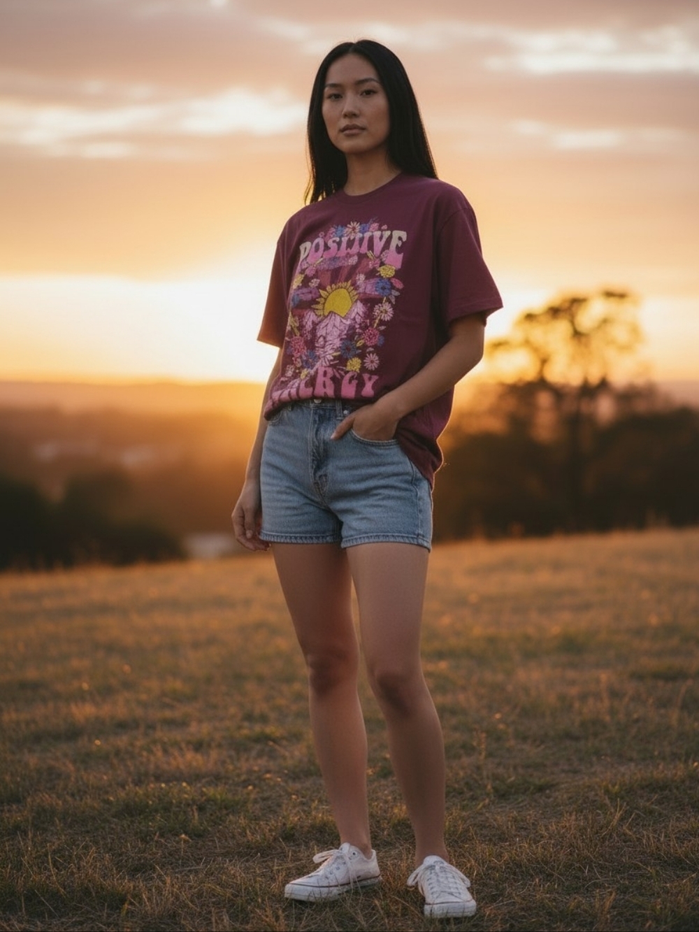 Positive Energy Graphic Short Sleeved Tee - Burgundy with Multicolor Print